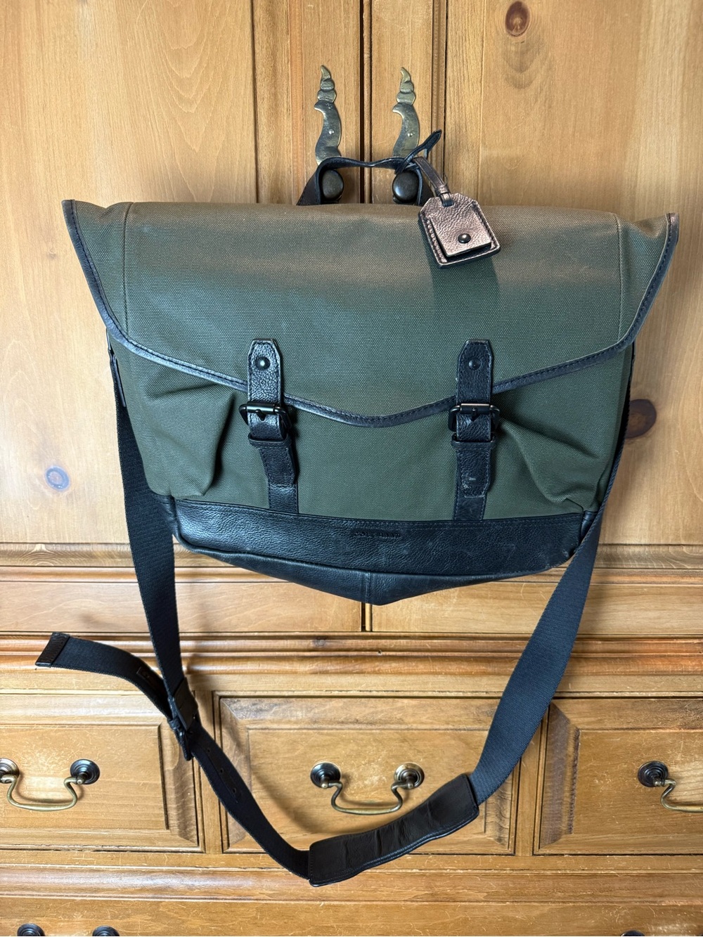 Cole Haan Olive Green Canvas Messenger Bag with Black Leather Detailing